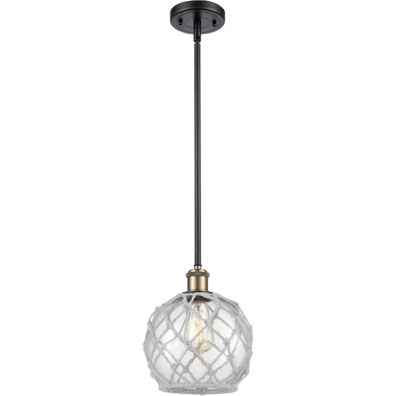 Ballston Farmhouse Rope LED 8 inch Black Antique Brass Pendant Ceiling Light in Clear Glass with White Rope, Ballston