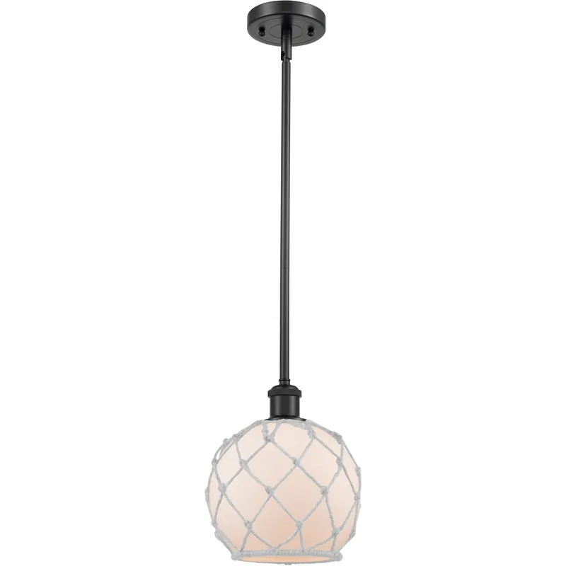 Ballston Farmhouse Rope LED 8 inch Matte Black Pendant Ceiling Light in White Glass with White Rope, Ballston