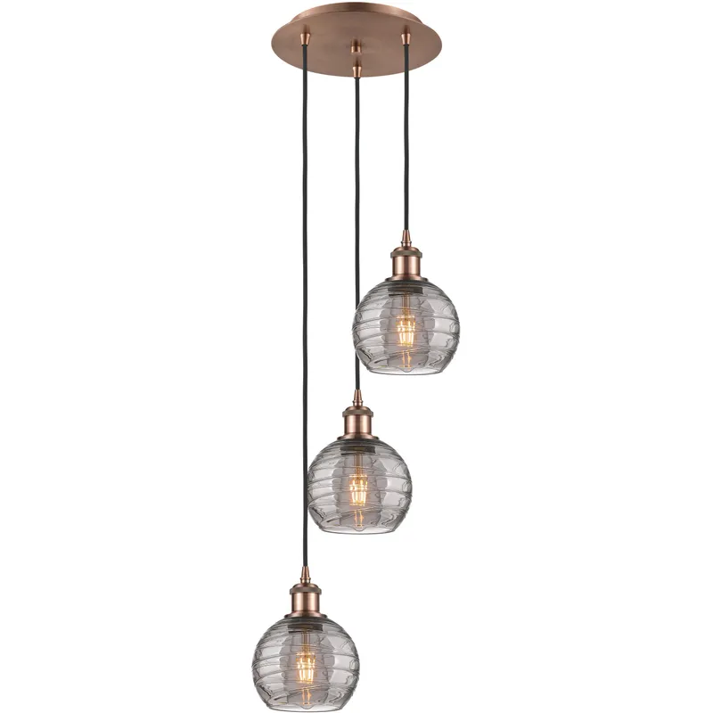 Ballston Athens Deco Swirl 3 Light 12.38 inch Antique Copper Cord Hung Multi Pendant Ceiling Light