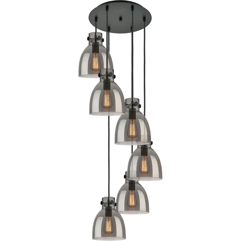 Newton Bell 6 Light 18.63 inch Matte Black Multi Pendant Ceiling Light in Light Smoke Glass