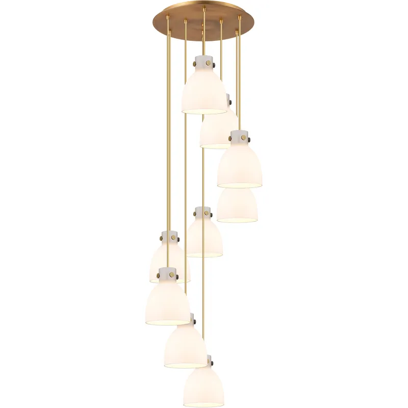 Newton Bell 9 Light 22.13 inch Brushed Brass Multi Pendant Ceiling Light in White Glass