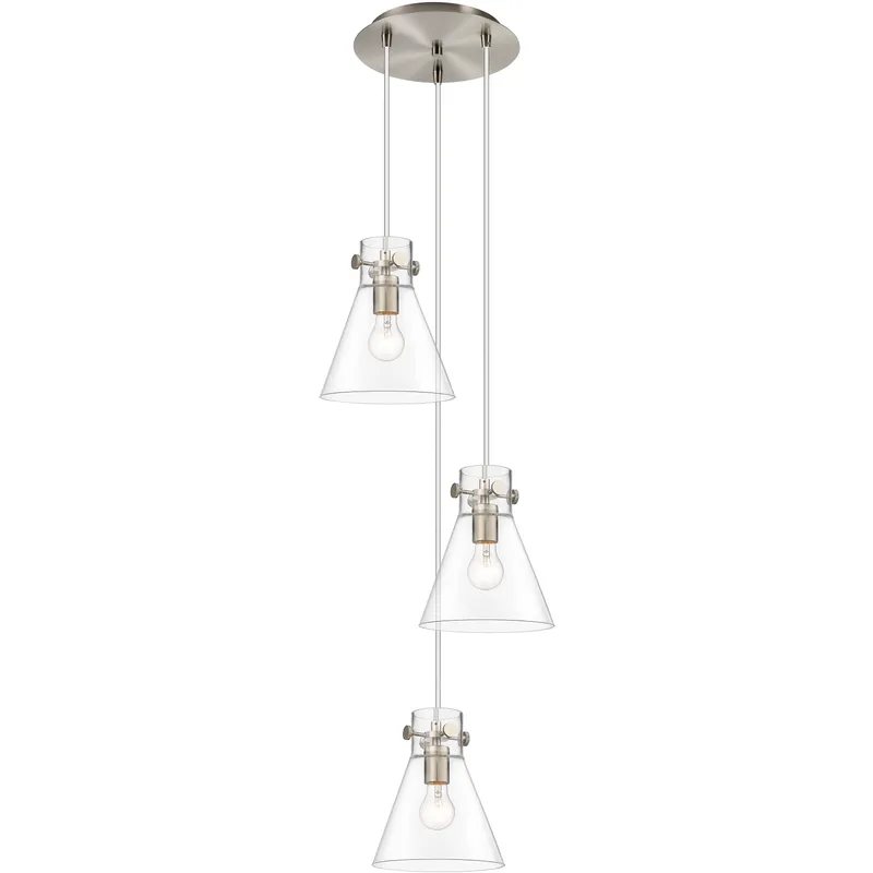 Newton Cone 3 Light 15.5 inch Brushed Satin Nickel Multi Pendant Ceiling Light in Clear Glass