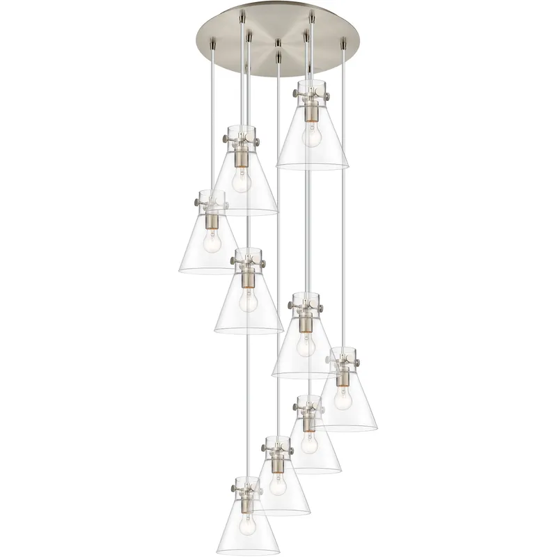Newton Cone 9 Light 22.13 inch Brushed Satin Nickel Multi Pendant Ceiling Light in Clear Glass