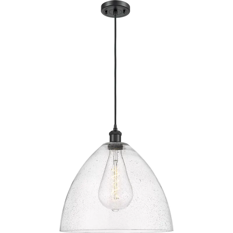 Ballston Dome LED 16 inch Matte Black Pendant Ceiling Light in Seedy Glass, Black Textured