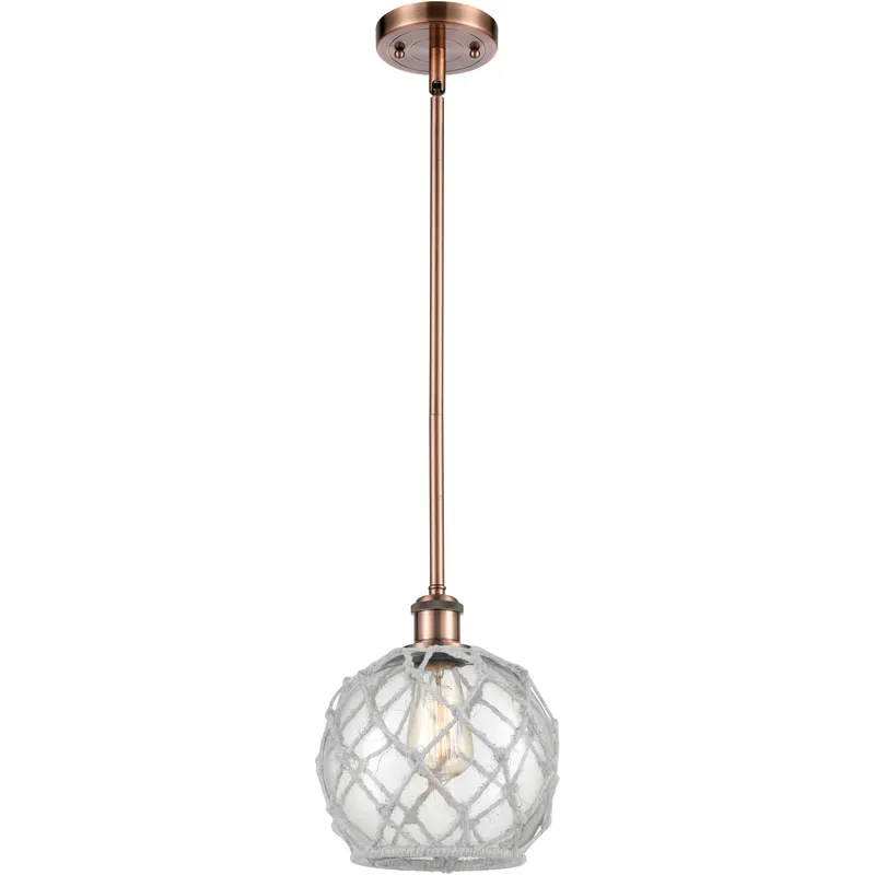 Ballston Farmhouse Rope LED 8 inch Antique Copper Pendant Ceiling Light in Clear Glass with White Rope, Ballston