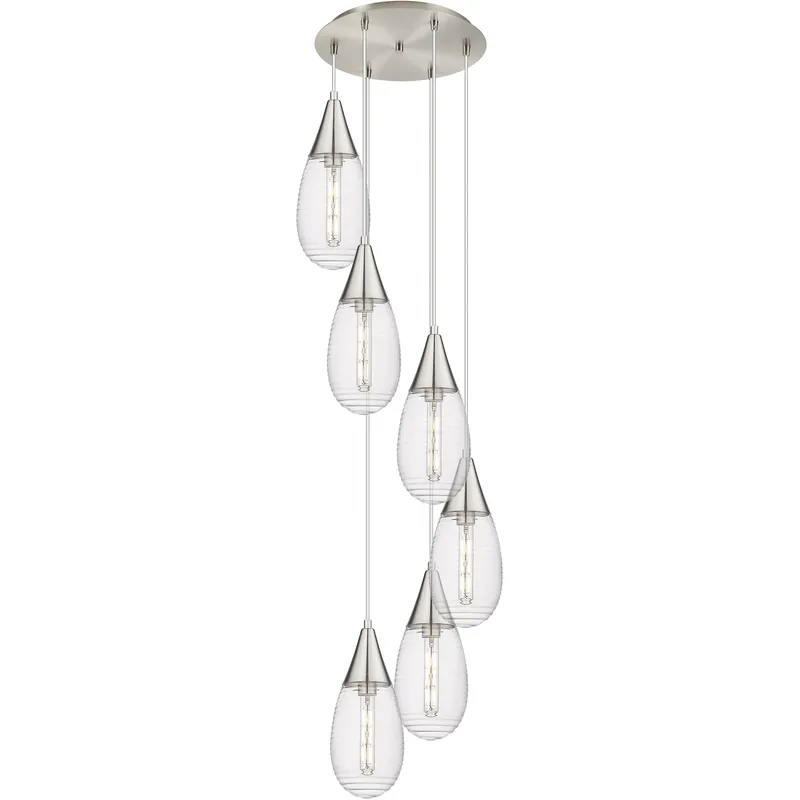Malone 6 Light 16.63 inch Brushed Satin Nickel Multi Pendant Ceiling Light in Striped Clear Glass