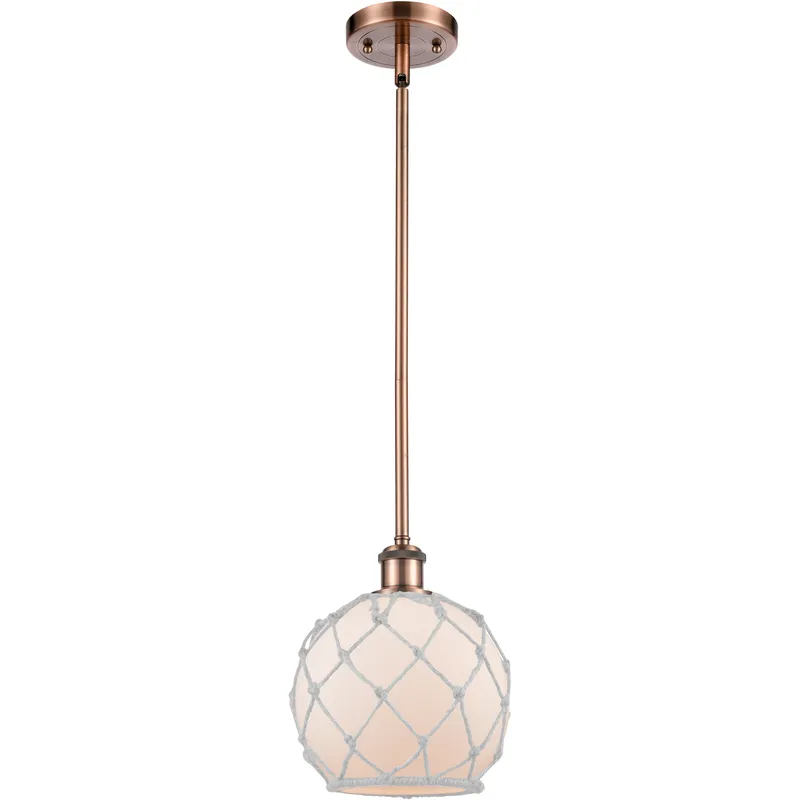 Ballston Farmhouse Rope LED 8 inch Antique Copper Pendant Ceiling Light in White Glass with White Rope, Ballston