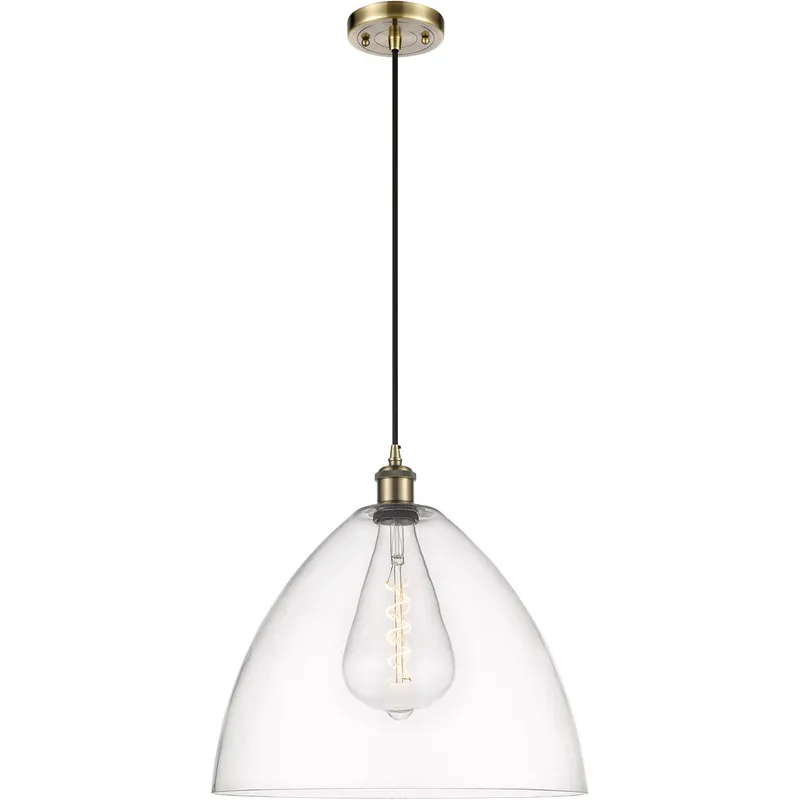 Ballston Dome LED 16 inch Antique Brass Pendant Ceiling Light in Clear Glass, Black Textured
