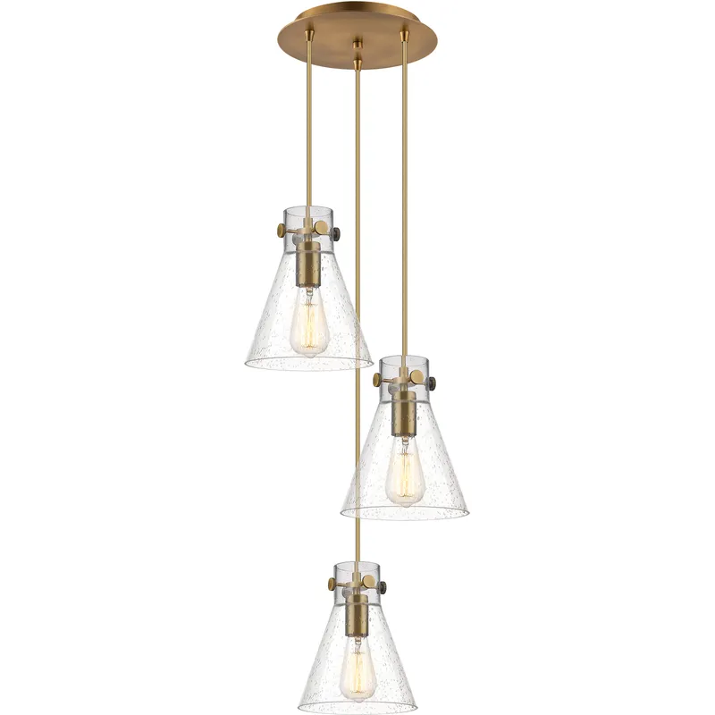 Newton Cone 3 Light 15.5 inch Brushed Brass Multi Pendant Ceiling Light in Seedy Glass