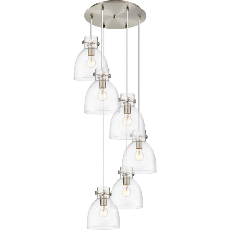 Newton Bell 6 Light 18.63 inch Brushed Satin Nickel Multi Pendant Ceiling Light in Clear Glass