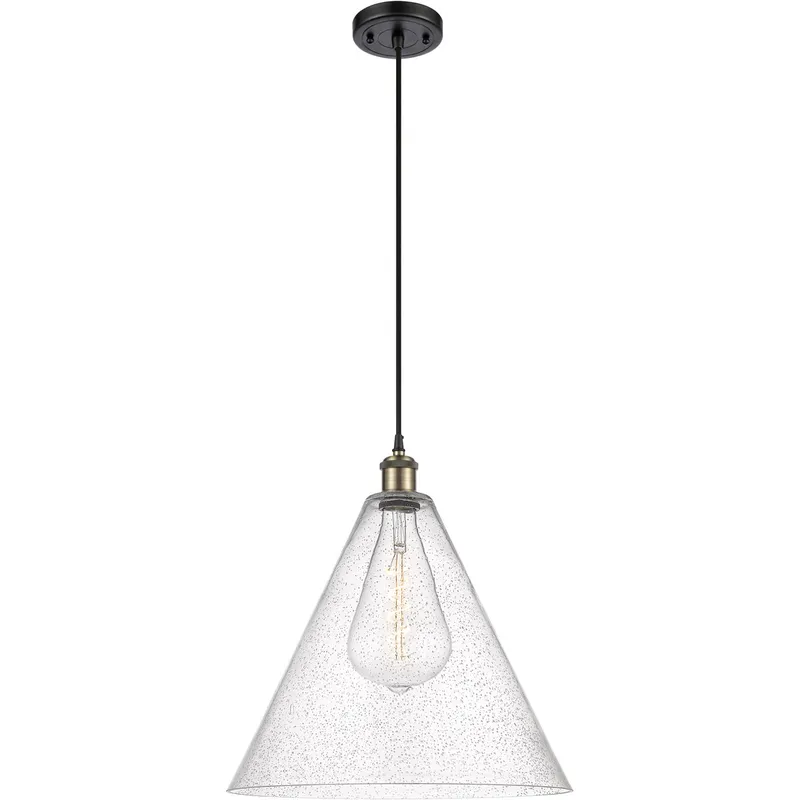 Ballston Cone 1 Light 16 inch Black Antique Brass Pendant Ceiling Light in Seedy Glass, Black Textured