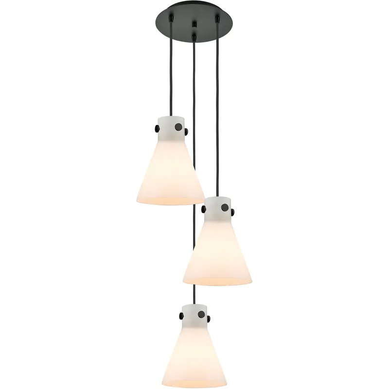 Newton Cone 3 Light 15.5 inch Matte Black Multi Pendant Ceiling Light in White Glass