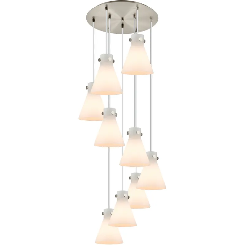 Newton Cone 9 Light 22.13 inch Brushed Satin Nickel Multi Pendant Ceiling Light in White Glass