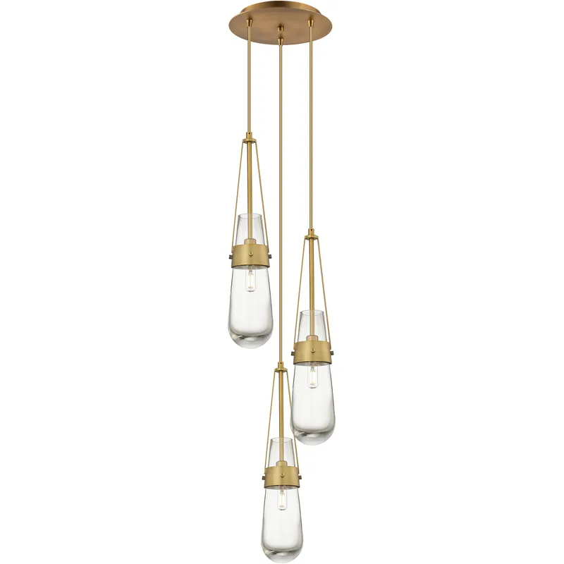 Milan 3 Light 11.88 inch Brushed Brass Multi Pendant Ceiling Light in Clear Glass