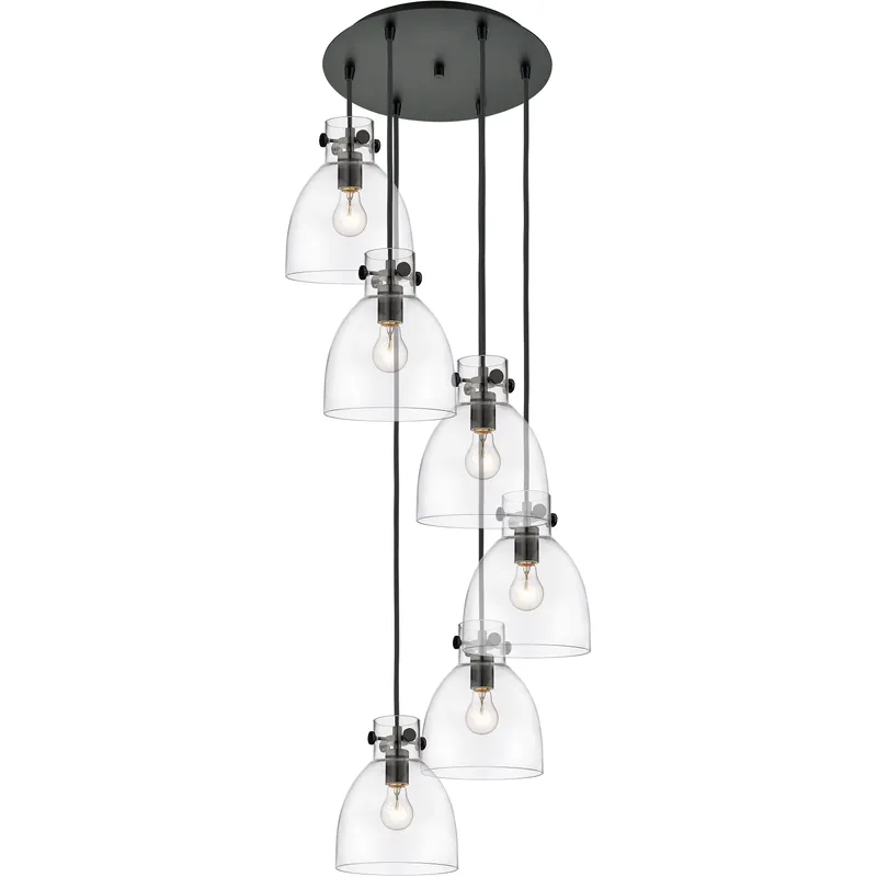Newton Bell 6 Light 18.63 inch Matte Black Multi Pendant Ceiling Light in Clear Glass