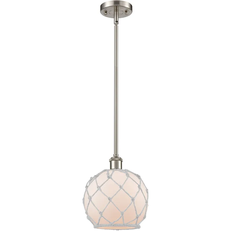 Ballston Farmhouse Rope LED 8 inch Brushed Satin Nickel Pendant Ceiling Light in White Glass with White Rope, Ballston