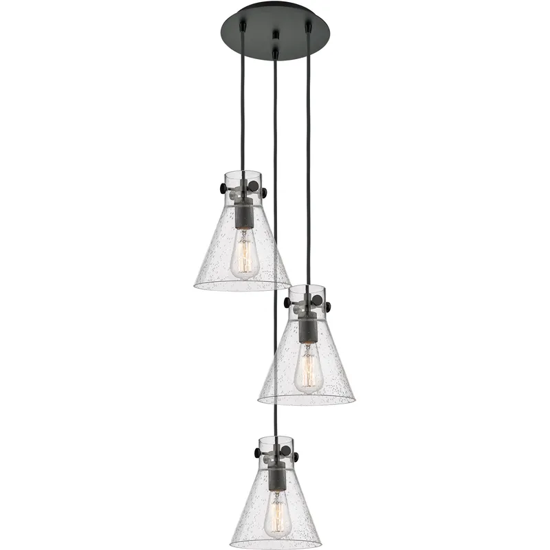 Newton Cone 3 Light 15.5 inch Matte Black Multi Pendant Ceiling Light in Seedy Glass