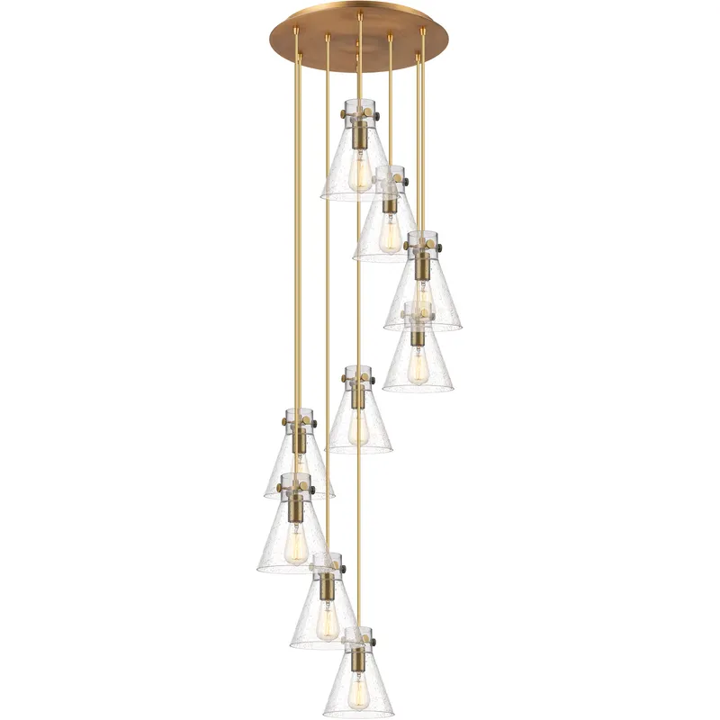 Newton Cone 9 Light 22.13 inch Brushed Brass Multi Pendant Ceiling Light in Seedy Glass
