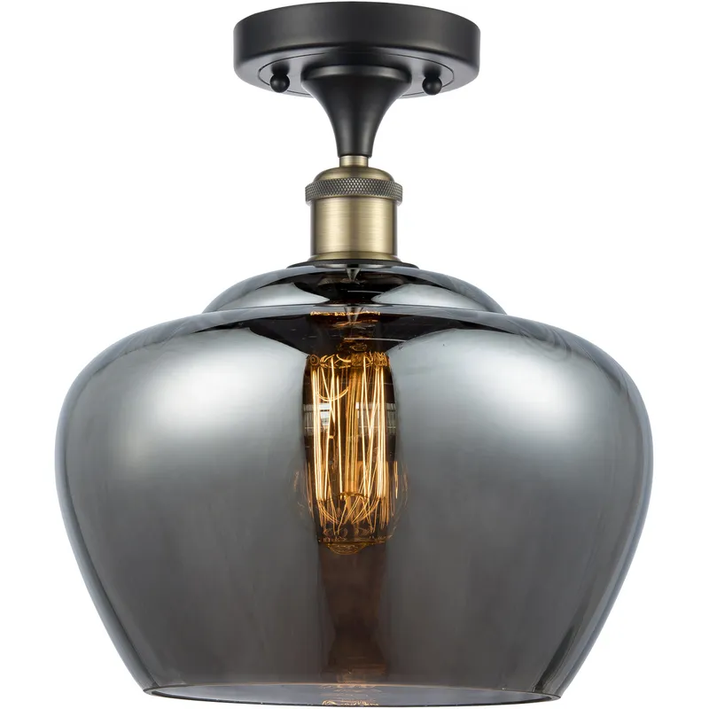 Ballston Large Fenton LED 11 inch Black Antique Brass Semi-Flush Mount Ceiling Light in Plated Smoke Glass, Ballston