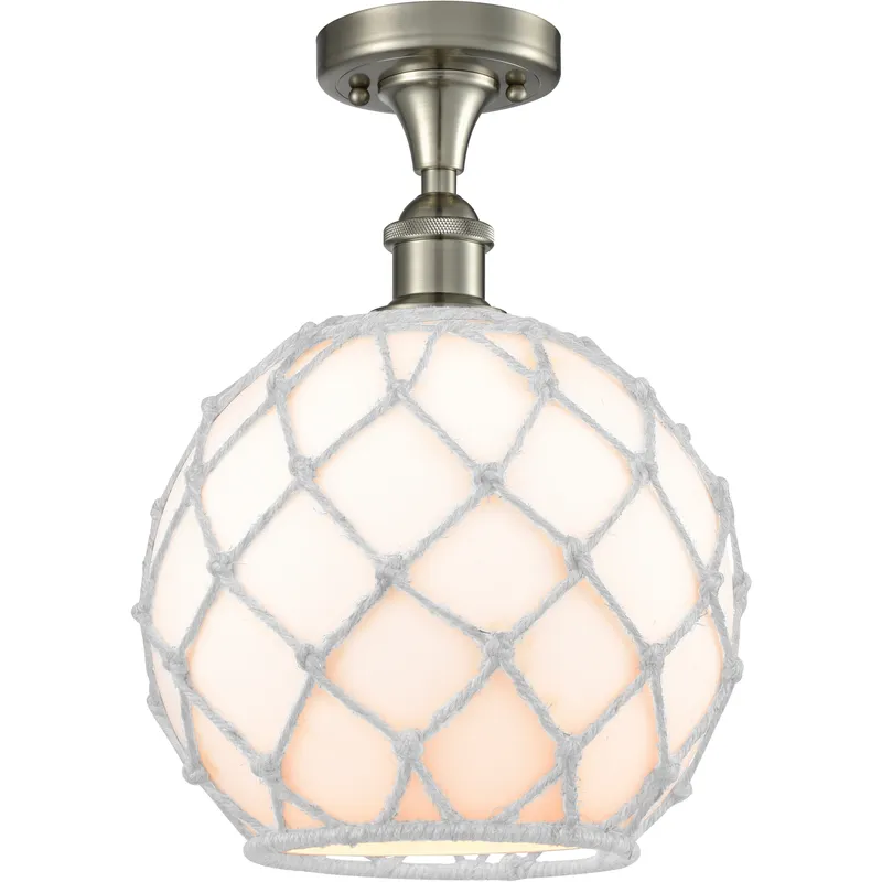 Edison Farmhouse Rope 1 Light 10 inch Brushed Satin Nickel Semi-Flush Mount Ceiling Light in White Glass with White Rope