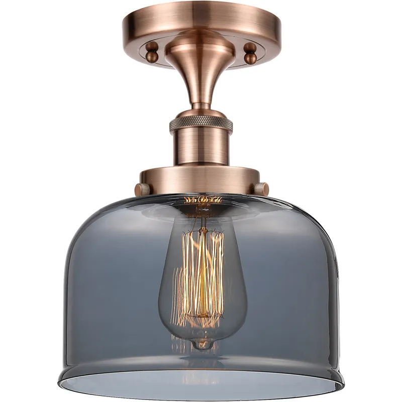 Ballston Large Bell 1 Light 8 inch Antique Copper Semi-Flush Mount Ceiling Light in Light Smoke Glass