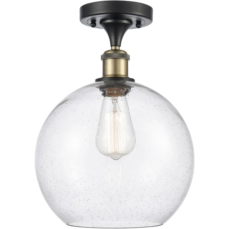 Ballston Large Athens LED 10 inch Black Antique Brass Semi-Flush Mount Ceiling Light in Seedy Glass, Ballston