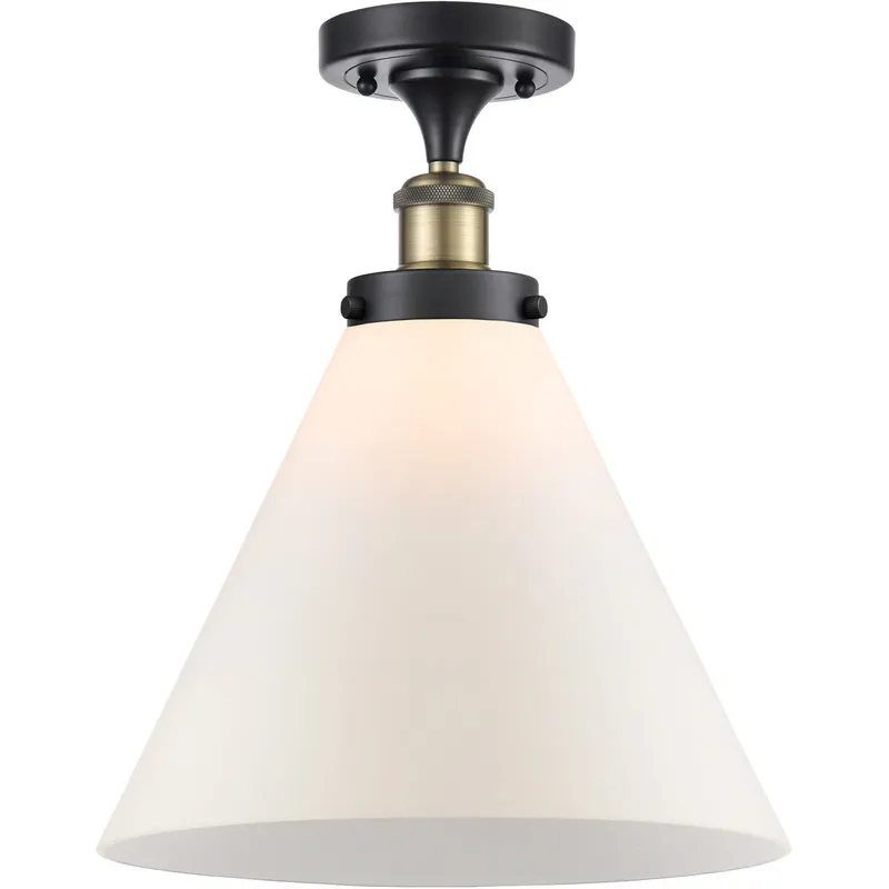 Ballston X-Large Cone 1 Light 8 inch Black Antique Brass Semi-Flush Mount Ceiling Light in Matte White Glass