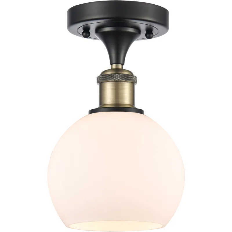 Ballston Athens LED 6 inch Black Antique Brass Semi-Flush Mount Ceiling Light in Matte White Glass