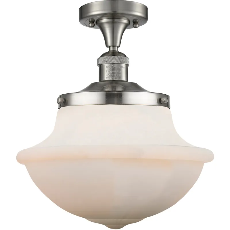 Franklin Restoration Large Oxford 1 Light 12 inch Brushed Satin Nickel Semi-Flush Mount Ceiling Light in Matte White Glass, Franklin Restoration