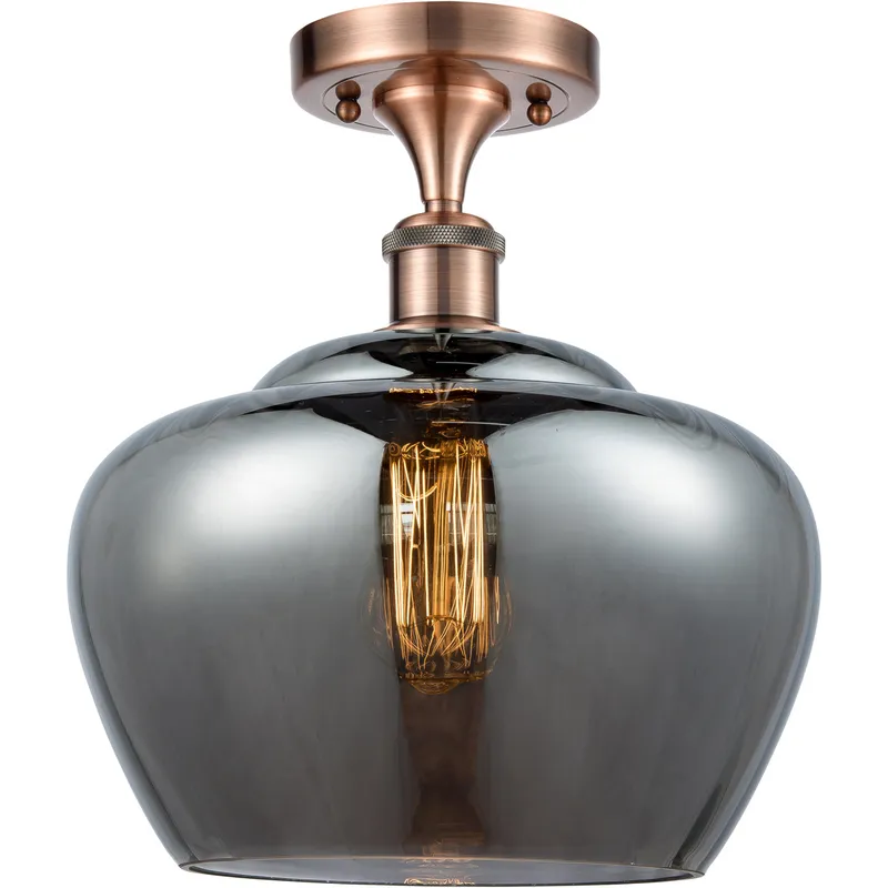 Ballston Large Fenton 1 Light 11 inch Antique Copper Semi-Flush Mount Ceiling Light in Light Smoke Glass, Ballston