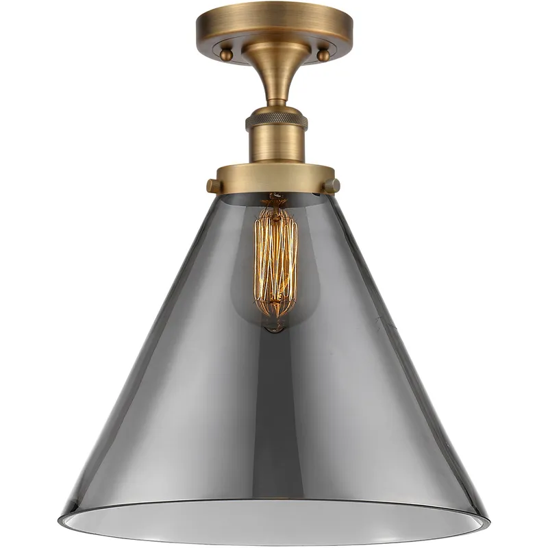 Ballston X-Large Cone 1 Light 8 inch Brushed Brass Semi-Flush Mount Ceiling Light in Light Smoke Glass