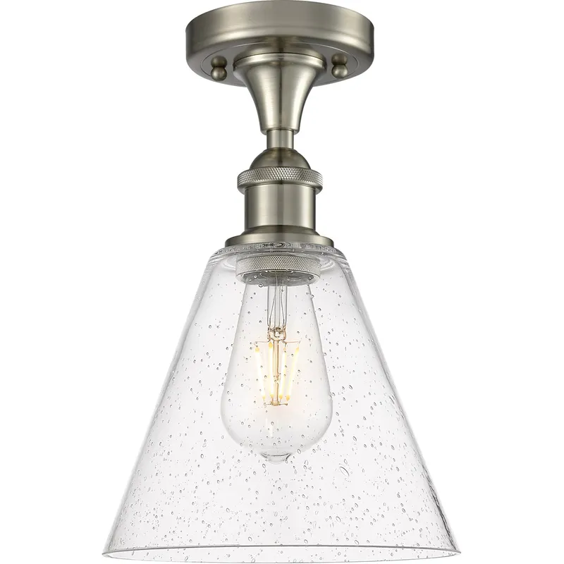 Ballston Cone 1 Light 8 inch Brushed Satin Nickel Semi-Flush Mount Ceiling Light in Seedy Glass