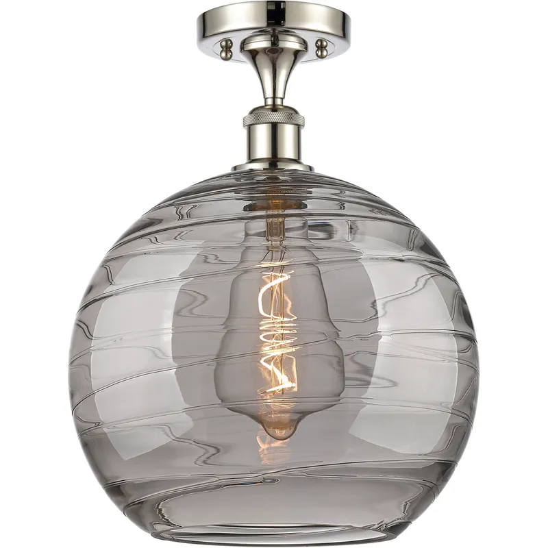 Edison Athens Deco Swirl 1 Light 12 inch Polished Nickel Semi-Flush Mount Ceiling Light in Light Smoke Deco Swirl Glass