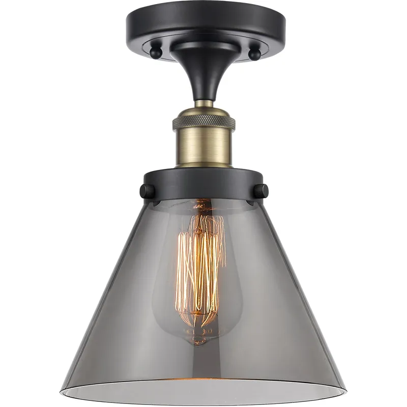 Ballston Large Cone LED 8 inch Black Antique Brass Semi-Flush Mount Ceiling Light in Light Smoke Glass
