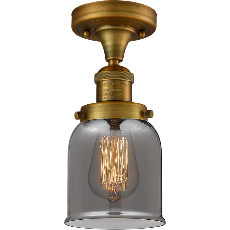 Franklin Restoration Small Bell 1 Light 5 inch Brushed Brass Semi-Flush Mount Ceiling Light in Light Smoke Glass, Franklin Restoration