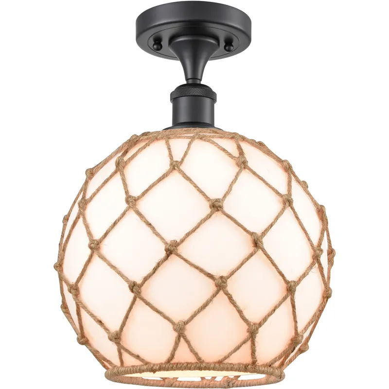 Edison Farmhouse Rope 1 Light 10 inch Matte Black Semi-Flush Mount Ceiling Light in White Glass with Brown Rope