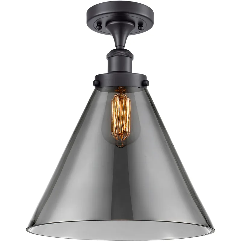 Ballston X-Large Cone 1 Light 8 inch Matte Black Semi-Flush Mount Ceiling Light in Light Smoke Glass