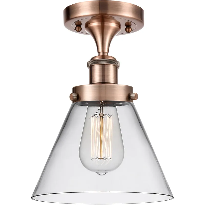 Ballston Large Cone LED 8 inch Antique Copper Semi-Flush Mount Ceiling Light in Clear Glass