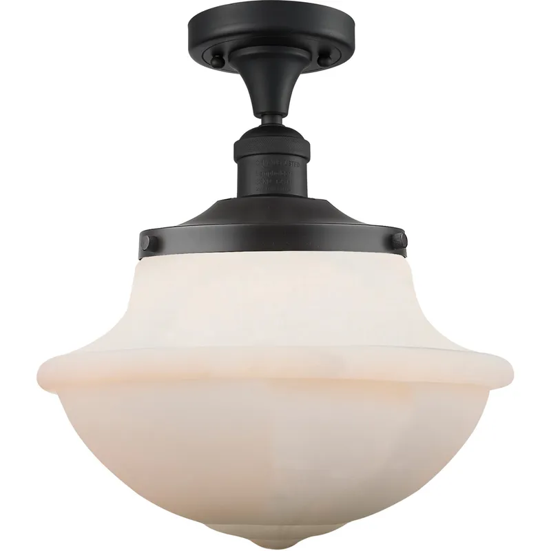 Franklin Restoration Large Oxford 1 Light 12 inch Matte Black Semi-Flush Mount Ceiling Light in Matte White Glass, Franklin Restoration