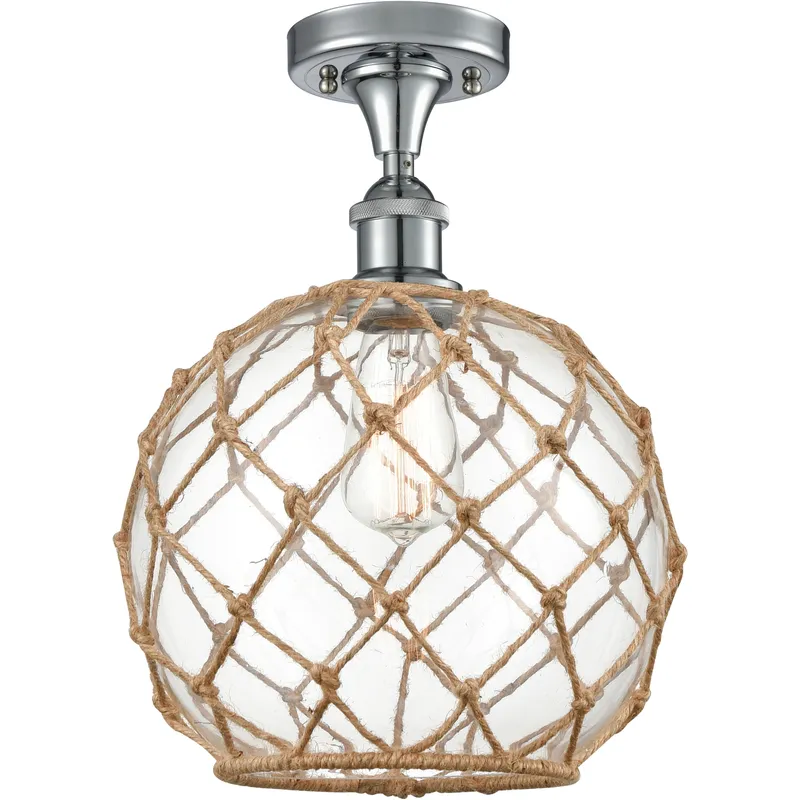 Edison Farmhouse Rope 1 Light 10 inch Polished Chrome Semi-Flush Mount Ceiling Light in Clear Glass with Brown Rope