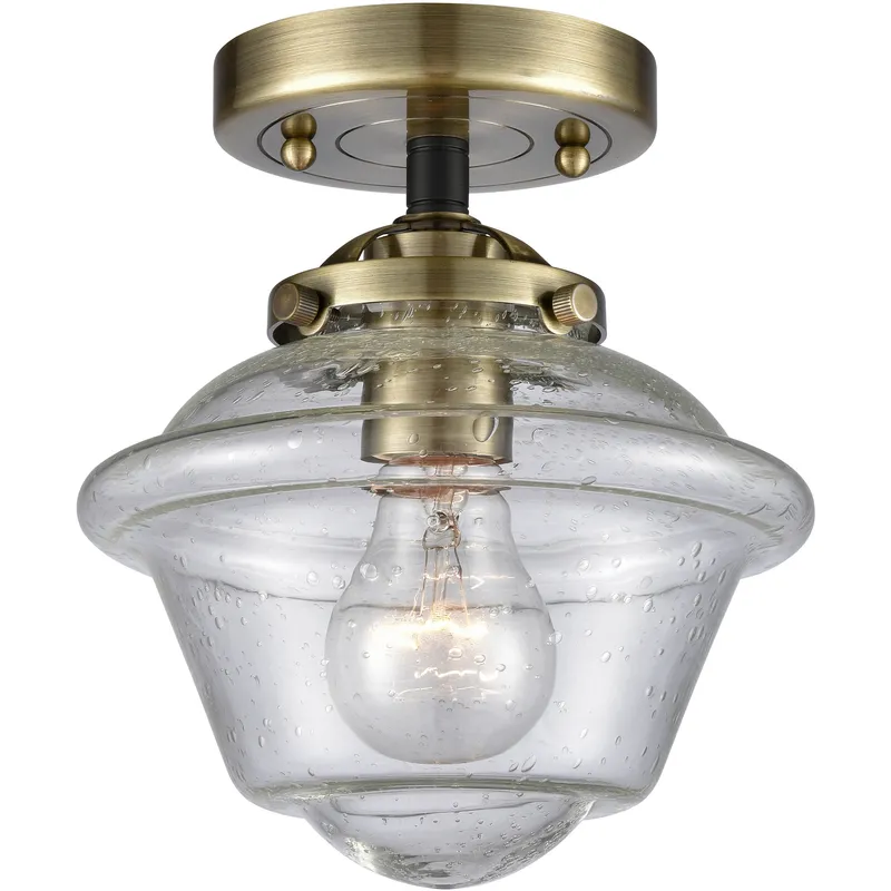 Nouveau Small Oxford 1 Light 8 inch Black Antique Brass Semi-Flush Mount Ceiling Light in Seedy Glass, Nouveau