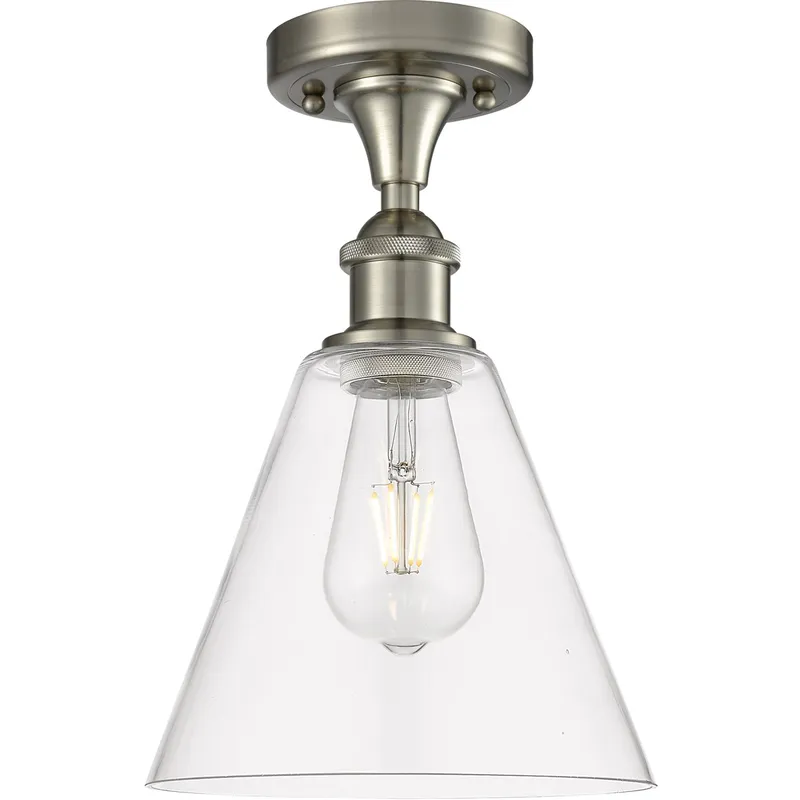 Ballston Cone 1 Light 8 inch Brushed Satin Nickel Semi-Flush Mount Ceiling Light in Clear Glass