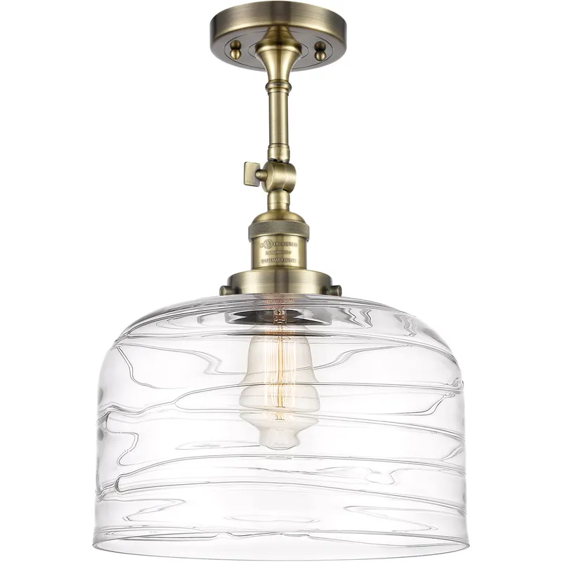 Franklin Restoration Bell LED 12 inch Antique Brass Semi-Flush Mount Ceiling Light in Clear Deco Swirl Glass
