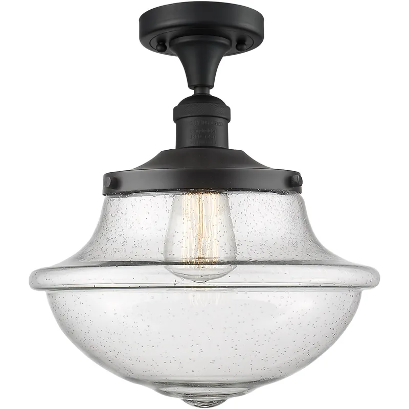 Franklin Restoration Large Oxford 1 Light 12 inch Matte Black Semi-Flush Mount Ceiling Light in Seedy Glass, Franklin Restoration