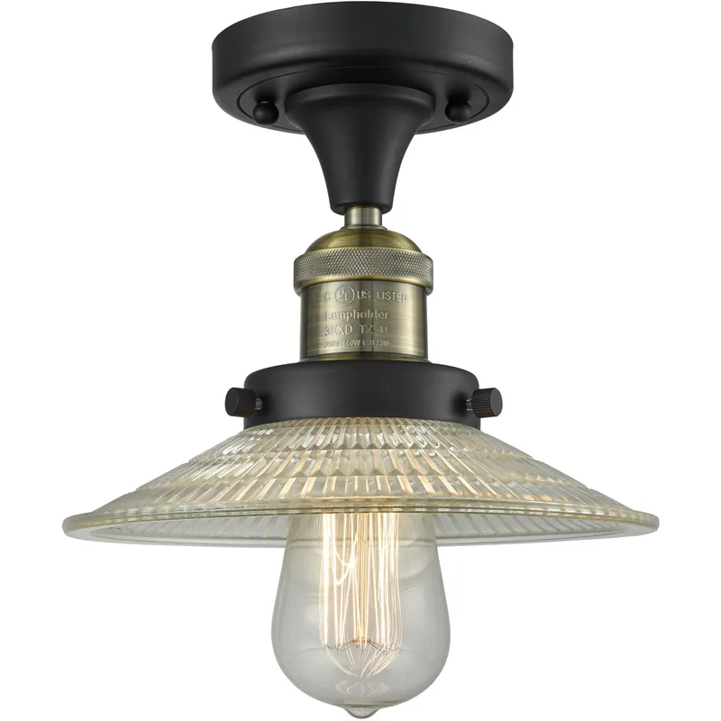 Franklin Restoration Halophane 1 Light 9 inch Black Antique Brass Semi-Flush Mount Ceiling Light in Clear Halophane Glass, Franklin Restoration
