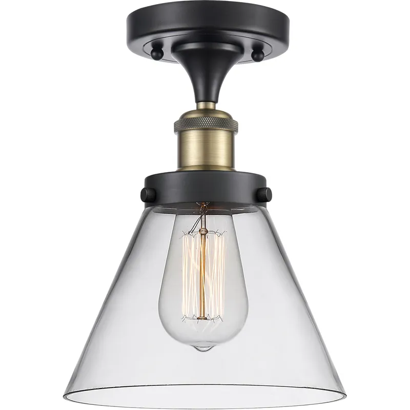 Ballston Large Cone LED 8 inch Black Antique Brass Semi-Flush Mount Ceiling Light in Clear Glass