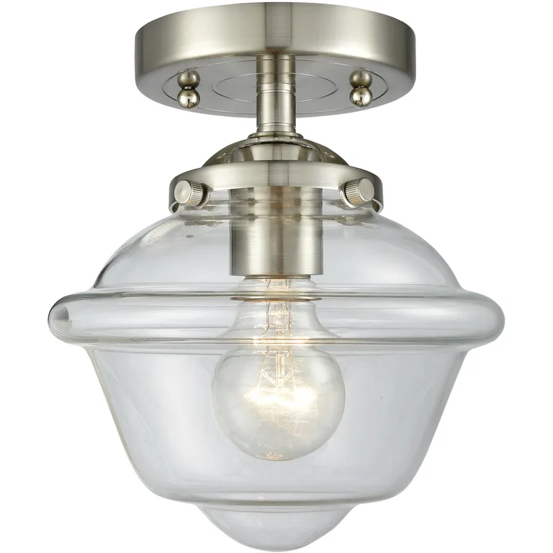 Nouveau Small Oxford 1 Light 8 inch Brushed Satin Nickel Semi-Flush Mount Ceiling Light in Clear Glass, Nouveau