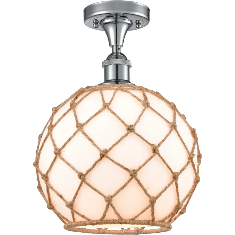 Edison Farmhouse Rope 1 Light 10 inch Polished Chrome Semi-Flush Mount Ceiling Light in White Glass with Brown Rope