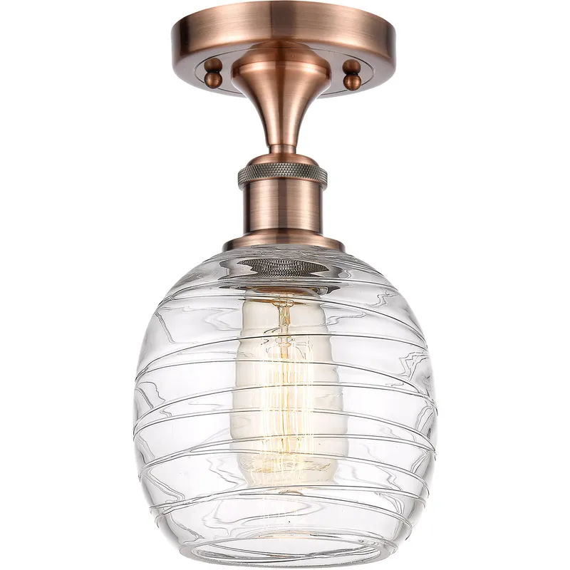 Ballston Belfast LED 6 inch Antique Copper Semi-Flush Mount Ceiling Light in Deco Swirl Glass