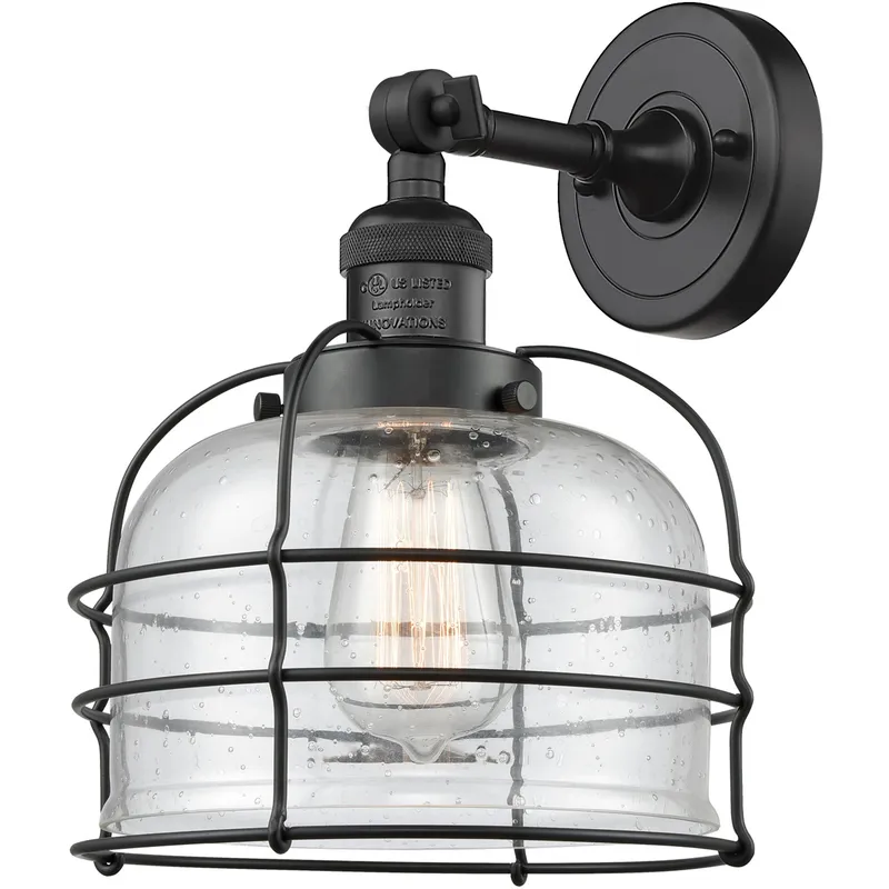 Franklin Restoration Large Bell Cage 1 Light 8 inch Matte Black Semi-Flush Mount Ceiling Light in Seedy with Cage, Franklin Restoration